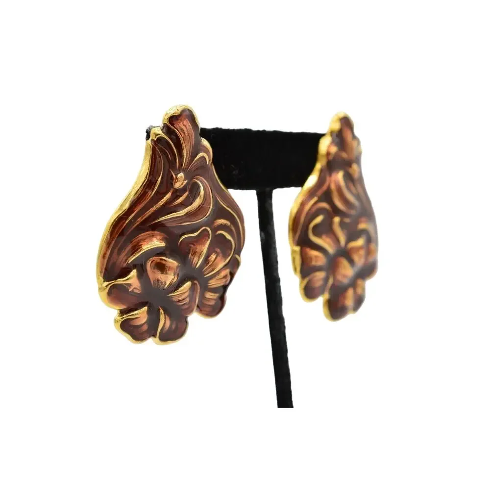 Vintage Statement Floral Abstract Enamel Earrings Brown Gold Chunky NOS 80s 9L
